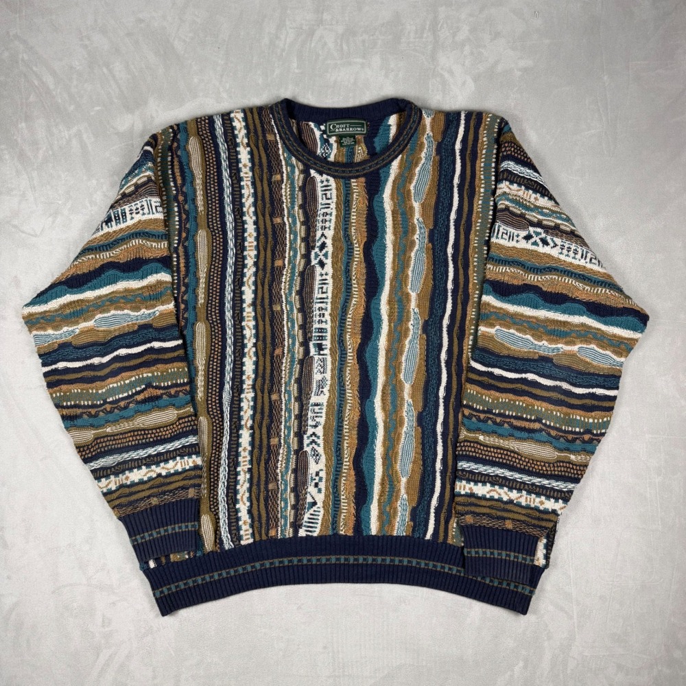 90s Mens Croft & Barrow 3D Textured Knit Multi-Color Coogi Style Sweater XL